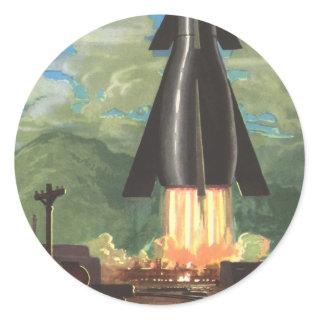 Vintage Science Fiction, Rocket Blasting Off Earth Classic Round Sticker