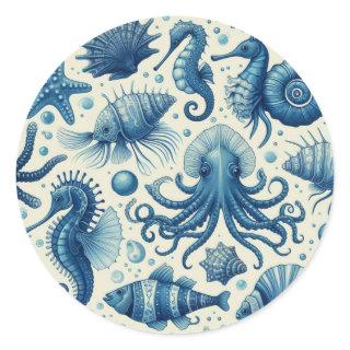 Vintage Sealife Animals Pattern Classic Round Sticker