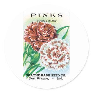 Vintage Seed Packet Art, Pinks Carnation Flowers Classic Round Sticker