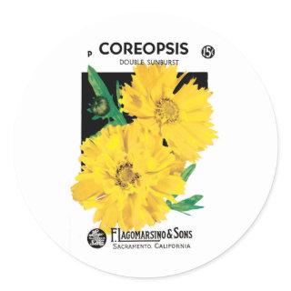 Vintage Seed Packet Art, Yellow Coreopsis Flowers Classic Round Sticker