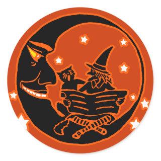 Vintage Silhouette Witch Cat and Moon Classic Round Sticker