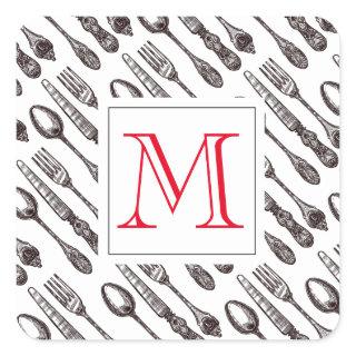 Vintage Silverware Classic Foodie Initial Square Sticker