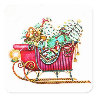 Vintage Sled or Sleigh with Gifts & Christmas Tree Square Sticker