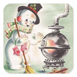 Vintage Snowman By The Wood Stove Square Sticker