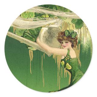 Vintage St. Patrick's Day, Lady Pipe Smoke Swirls Classic Round Sticker