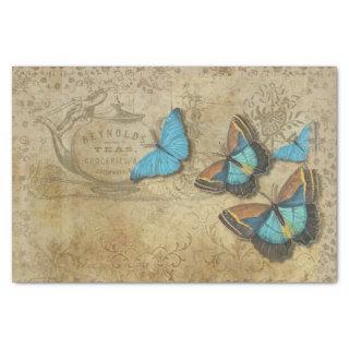 Vintage Steampunk Blue Butterflies on Parchment Tissue Paper