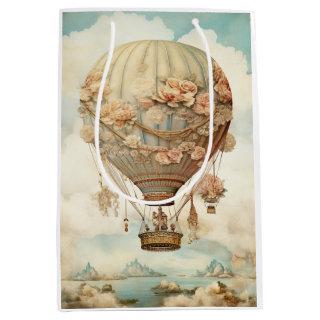 Vintage Steampunk Floral Blue Hot Air Balloon (2) Medium Gift Bag