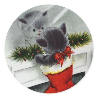 Vintage Stocking Christmas Cat Looking In Mirror Classic Round Sticker