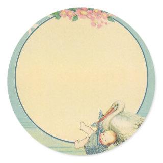 Vintage Stork Carrying Baby Boy in Blue Blanket Classic Round Sticker