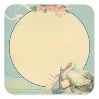 Vintage Stork Carrying Baby Boy in Blue Blanket Square Sticker