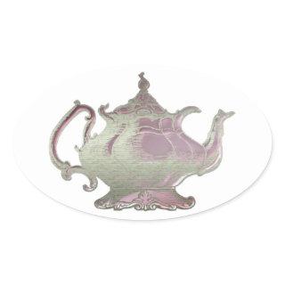 Vintage Style Pink Teapot Oval Sticker