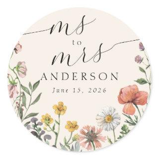 Vintage Summer Wildflower Ms to Mrs Bridal Shower  Classic Round Sticker