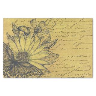 Vintage Sunflower, Butterfly, French Script Gold Tissue Paper