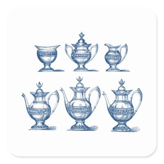 Vintage Tea Set Blue White Coffee Pot Decorative Square Sticker