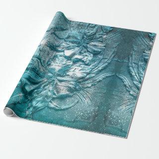 Vintage Teal Floral Motif Pattern Glitter Sparkle