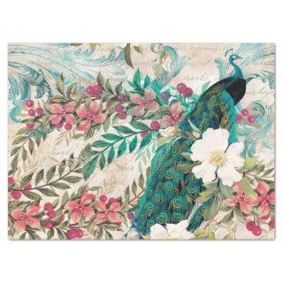 Vintage Teal Peacock and Pink Floral Decoupage Tissue Paper