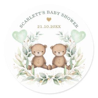 Vintage Teddy Bear Twins Greenery Balloons Baby Classic Round Sticker