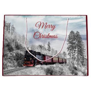 Vintage Train Winter Christmas Scene Large Gift Bag