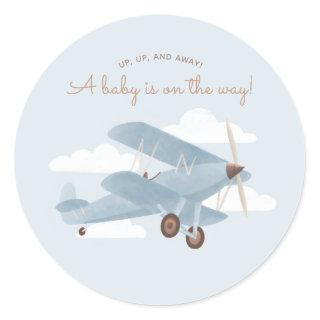 Vintage Travel Airplane Boy Baby Shower Classic Round Sticker