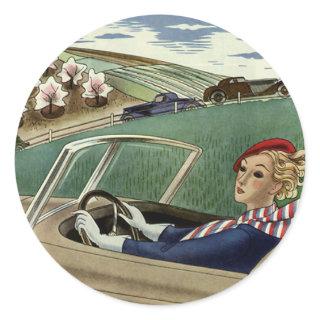 Vintage Travel, Elegant Woman in Convertible Car Classic Round Sticker