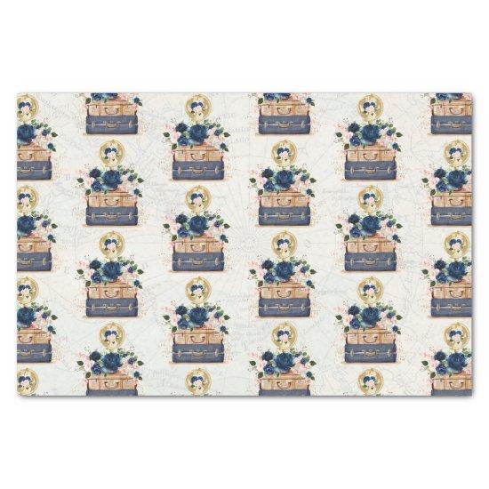 Vintage Travel Navy Blue Blush Flower Decoupage Tissue Paper