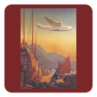 Vintage Travel, Plane Over Junks in Hong Kong Square Sticker