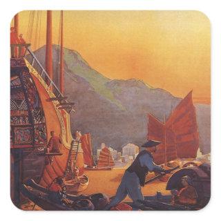 Vintage Travel, Plane Over Junks in Hong Kong Square Sticker