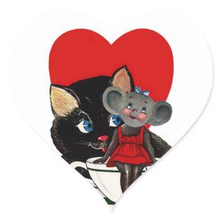 Vintage Valentine's Day, Cat Mouse Tea Cup Heart Heart Sticker