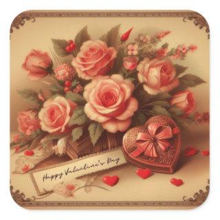 Vintage Valentine's Day Chocolates and Flowers Square Sticker