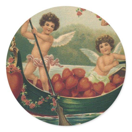 Vintage Valentine's Day, Victorian Cherubs in Boat Classic Round Sticker