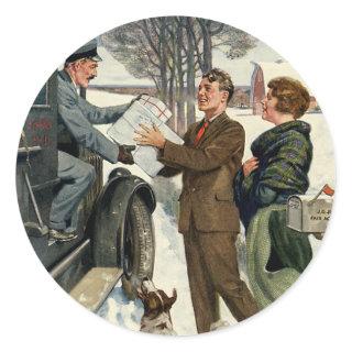 Vintage Victorian Christmas Mailman Delivery Classic Round Sticker