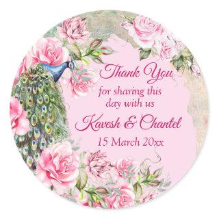 Vintage Victorian pink peony roses peacock custom Classic Round Sticker