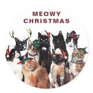 Vintage Watercolor Cat Clowder Meowy Christmas Classic Round Sticker