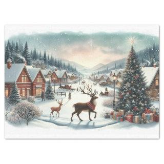 Vintage Watercolor Christmas Village with Reindeer Tissue Paper