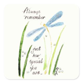 Vintage Watercolor Dragonfly Always Remember text Square Sticker