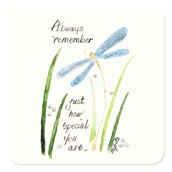 Vintage Watercolor Dragonfly Always Remember text  Square Sticker