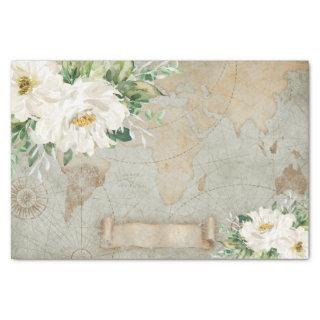 Vintage White Ivory Floral Old World Map Decoupage Tissue Paper
