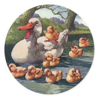 Vintage Wild Animals Birds, Ducklings Duck Family Classic Round Sticker