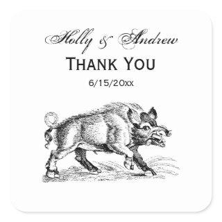 Vintage Wild Boar Drawing BW #2 Square Sticker