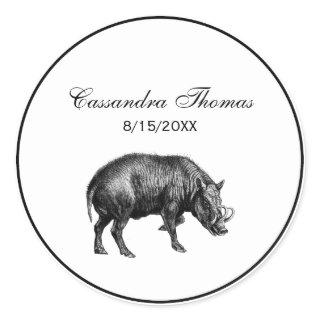 Vintage Wild Boar Drawing BW Classic Round Sticker