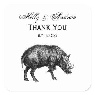 Vintage Wild Boar Drawing BW Square Sticker