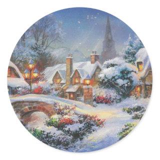 Vintage Winter Christmas Village Classic Round Sticker