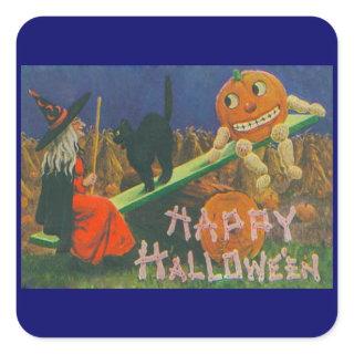 Vintage Witch & Jack o' Lanterns Play Time Square Sticker