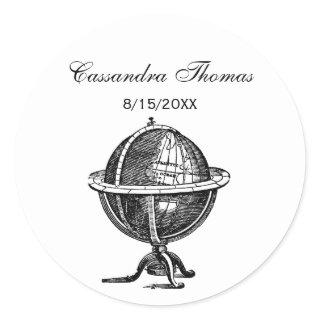 Vintage World Globe Lithograph Drawing BW Classic Round Sticker