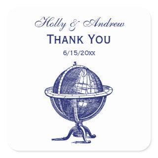Vintage World Globe Lithograph Drawing Navy Square Sticker