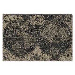 Vintage World Map Black Beige Decoupage Tissue Paper