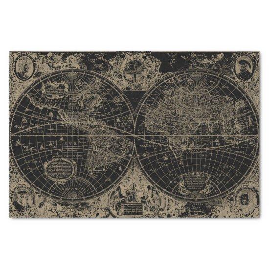 Vintage World Map Black Beige Decoupage Tissue Paper