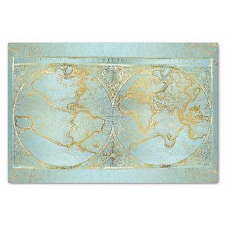 Vintage World Map Gold Aqua Blue Decoupage Tissue Paper