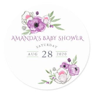 Violet and Sage Watercolor Floral Baby Shower Classic Round Sticker