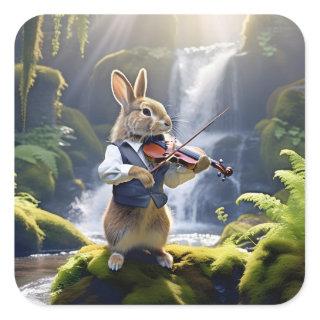 Violin-Playing Rabbit in Beautiful Rainforest Square Sticker